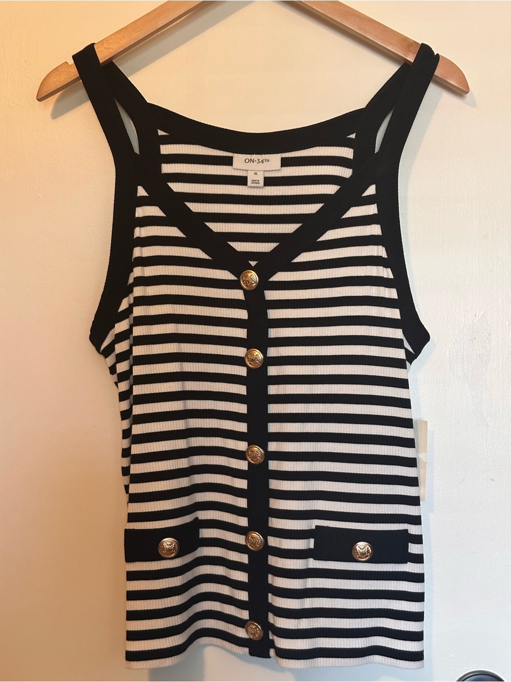 ON·34TH Women's XL Striped Ribbed Double-Strap Button-Front Tank